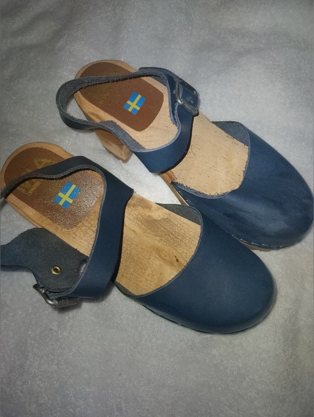 MIA Navy Blue Leather Wood-Soled Mules